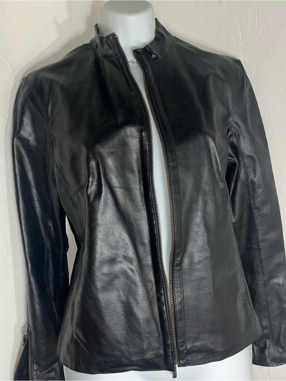 A.M.I Classic Black Leather Jacket - Women's Zip Front Size Small